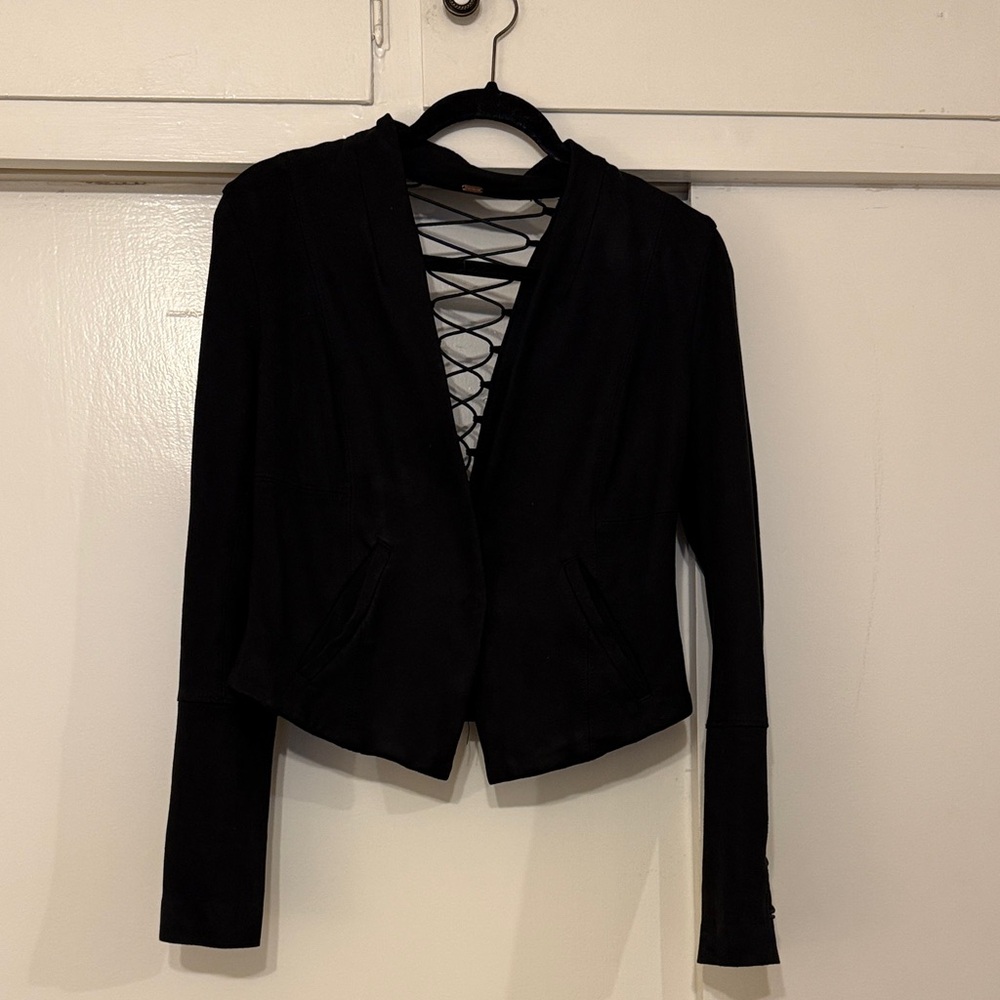 FREE PEOPLE, Suede Black Jacket with Lace-Up Detail